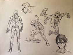  1boy bodysuit clenched_hand closed_mouth commentary_request cropped_head cropped_torso facing_away flying_kick full_body graphite_(medium) hair_between_eyes helmet jun_(navigavi) kicking looking_at_viewer nose original paper_background photo_(medium) short_hair sketch standing traditional_media 