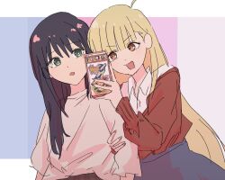  2girls ahoge alternate_costume arm_hug black_hair blonde_hair cho_kaguya-hime! commentary green_eyes holding holding_phone ini_yoy kaguya_(cho_kaguya-hime!) long_hair long_sleeves mole mole_under_eye multiple_girls open_mouth phone red_eyes sakayori_iroha smile sticker upper_body v-shaped_eyebrows 