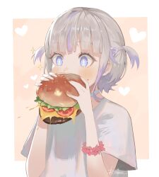  +_+ 1girl absurdres blonde_hair blush border burger choker commentary crumbs drowzzi eating english_commentary flower food food_on_face heart highres holding holding_burger holding_food hololive hololive_dev_is lettuce outside_border purple_choker purple_hair shirt short_hair short_sleeves simple_background solo sparkle t-shirt todoroki_hajime todoroki_hajime_(1st_costume) tomato tomato_slice two_side_up upper_body violet_eyes virtual_youtuber white_border white_shirt 