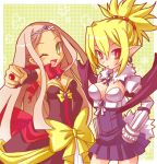  bat_wings blonde_hair blush bow breasts cleavage cosplay costume_switch demon_girl detached_sleeves disgaea dress green_eyes jewelry karina long_hair lowres makai_senki_disgaea_2 makai_senki_disgaea_3 multiple_girls open_mouth pointy_ears red_eyes rozalin rozalin_(cosplay) sapphire_rhodonite sapphire_rhodonite_(cosplay) skirt smile tiara wings wink 