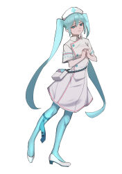  1girl absurdres aqua_eyes aqua_hair aqua_necktie aqua_socks buttons closed_mouth commentary_request double-breasted dress full_body hair_between_eyes hat hatsune_miku highres long_hair looking_at_viewer necktie nurse nurse_cap own_hands_clasped own_hands_together shoes short_sleeves sidelocks simple_background socks solo takeurae tie_clip twintails very_long_hair vocaloid white_background white_dress white_shoes wing_collar 