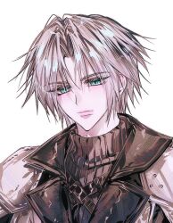  1boy aged_down aqua_eyes armor black_shirt chest_strap closed_mouth final_fantasy final_fantasy_vii final_fantasy_vii:_ever_crisis grey_hair hair_between_eyes male_focus neveromance pale_skin ribbed_shirt sephiroth sephiroth_(ever_crisis) shirt short_hair shoulder_armor slit_pupils solo upper_body white_background 