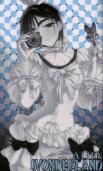  1girl 88jakga alien_stage alternate_costume alternate_universe animal_ears checkered_background chest_bow commentary english_commentary english_text gloves greyscale_with_colored_background highres holding holding_key holding_pocket_watch key parted_lips pocket_watch puffy_sleeves rabbit_ears short_hair solo sua_(alien_stage) thick_eyebrows watch 