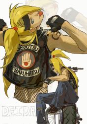  1boy :p arm_tattoo bad_id bad_twitter_id black_eyeliner black_gloves black_nails black_shirt black_shoes blonde_hair character_name deidara_(naruto) denim eyeliner fingerless_gloves fishnet_top fishnets gloves headband high_ponytail highres jeans long_hair looking_at_viewer makeup male_focus motor_vehicle motorcycle naruto_(series) naruto_shippuuden on_motorcycle pants ponytail sansanpai shirt shoes simple_background sitting sleeveless sleeveless_jacket sleeveless_shirt smile solo tattoo tongue tongue_out white_background zoom_layer 