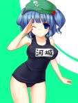  armpits bad_id bangs bare_shoulders blue_eyes blue_hair blunt_bangs blush bow breasts hair_bobbles hair_bow hair_ornament hands hat highres kawashiro_nitori large_breasts one-piece_swimsuit salute school_swimsuit school_uniform short_hair simple_background smile solo swimsuit touhou tsukumiya_amane twintails wink 