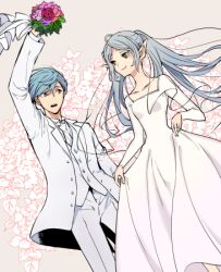  1boy 1girl blue_eyes blue_hair bouquet breasts bridge closed_mouth collared_shirt couple cowboy_shot dress dress_shirt elf frieren green_eyes grey_background grey_hair groom hair_between_eyes hand_up hetero himmel_(sousou_no_frieren) holding holding_bouquet husband_and_wife jacket long_dress long_hair looking_at_another lowres medium_breasts mole mole_under_eye nanahachi_77889 necktie open_mouth pants parted_bangs pointy_ears shirt short_hair sousou_no_frieren suit tuxedo twintails veil wedding wedding_dress white_dress white_jacket white_necktie white_pants white_shirt white_suit white_veil 