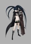  arm_cannon bikini_top black_hair black_rock_shooter black_rock_shooter_(character) blue_eyes boots coat gloves long_hair midriff navel p_(zzaazz) pale_skin scar shorts solo twintails very_long_hair weapon 