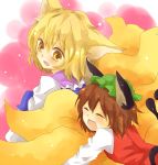  2girls ^_^ animal_ears blonde_hair brown_hair cat_ears cat_tail chen closed_eyes fang fox_ears fox_tail happy hat hug looking_back multiple_tails no_hat no_headwear open_mouth short_hair smile tail touhou yakumo_ran yellow_eyes zawameki 