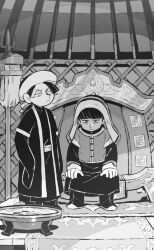  2boys banner black_hair black_robe black_shoes fireplace guyuk_(tenmaku_no_jaadugar) hat indoors kadak_(tenmaku_no_jaadugar) layered_sleeves long_sleeves male_focus multiple_boys on_throne open_clothes open_robe qingdai_guanmao robe shoes short_over_long_sleeves short_sleeves sleeves_past_fingers sleeves_past_wrists tenmaku_no_jaadugar throne yoshito_(adore) 