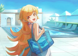  1girl absurdres bag bare_shoulders blonde_hair blue_bag chair dress fang highres long_hair looking_at_viewer monogatari_(series) open_mouth oretekiya oshino_shinobu palm_tree pool shoulder_bag smile tree vampire very_long_hair white_dress yellow_eyes 