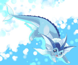  :3 :d animal_focus blue_eyes blue_theme commentary_request fins fish_tail full_body head_fins light_blush looking_at_viewer no_humans pokemon pokemon_(creature) pokemon_focus smile solo suppainu tail vaporeon water 