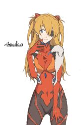  1girl blue_eyes bodysuit breasts character_name closed_mouth commentary_request cowboy_shot evangelion:_3.0_you_can_(not)_redo finger_to_mouth hair_between_eyes hand_on_own_leg interface_headset_(evangelion) long_hair looking_to_the_side mecha_pilot_suit medium_breasts mika3aka multicolored_bodysuit neon_genesis_evangelion orange_hair plugsuit_(evangelion) rebuild_of_evangelion simple_background smile solo souryuu_asuka_langley standing two_side_up white_background 