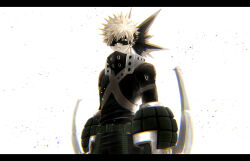  1boy arms_at_sides bakugou_katsuki belt belt_buckle black_mask blonde_hair boku_no_hero_academia bright_pupils buckle chromatic_aberration commentary_request cowboy_shot downturned_eyes explosive eye_mask film_grain gloves green_belt green_gloves grenade headgear high_collar letterboxed looking_at_viewer male_focus mask nao_(n_sai_ao) one-eyed parted_lips partial_commentary red_eyes sanpaku short_hair simple_background single_horizontal_stripe solo spiky_hair tsurime white_background white_pupils x_(symbol) 