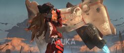  1girl animal_hat artist_name ass black_hat blue_eyes bodysuit breasts cat_hat character_name closed_mouth clouds cloudy_sky commentary_request evangelion:_3.0_you_can_(not)_redo evenstar eyepatch floating_hair foreground_text gloves hair_between_eyes hand_in_pocket hand_on_own_hat hat highres hood hoodie interface_headset_(evangelion) long_hair looking_at_viewer mecha_pilot_suit medium_breasts multicolored_gloves neon_genesis_evangelion nerv_logo orange_hair plugsuit_(evangelion) rebuild_of_evangelion red_bodysuit red_hoodie sky solo souryuu_asuka_langley two_side_up un_heavy_fighter_jet_(evangelion) vtol 