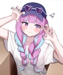  1girl @_@ baseball_cap blue_hair blue_hat blush box braid claw_pose closed_mouth collarbone colored_inner_hair commentary fang fingernails flying_sweatdrops hat heart heart-shaped_eyewear highres hololive long_hair minato_aqua multicolored_hair nail_polish nams2 nervous_smile on_box pink_eyes pink_hair purple-tinted_eyewear purple_nails shirt short_sleeves simple_background skin_fang smile solo streaked_hair tinted_eyewear twin_braids twintails two-tone_hair virtual_youtuber white-framed_eyewear white_background white_shirt 