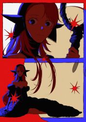 1girl bare_shoulders black_dress black_hood commentary dress dungeon_meshi ear_covers highres holding holding_staff long_hair marcille_donato marcille_donato_(lord) off-shoulder_dress off_shoulder pointy_ears ryuugujizenn sitting solo staff untranslatable_commentary 