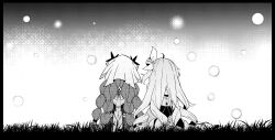  2girls absurdres braid commentary_request denia_(wuthering_waves) from_behind grass greyscale hair_ribbon highres jacket light_particles long_hair monochrome multiple_braids multiple_girls on_ground outdoors ribbon sigrika_(wuthering_waves) sitting starblame veil wuthering_waves 