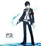  arisato_minato armband belt blue_eyes blue_hair card card_with_aura checkered checkered_floor evoker floating_card gun headphones holding holding_card holster jacket long_sleeves lupicam male necktie persona persona_3 ribbon school_uniform solo standing weapon 