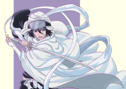  1girl absurdres black_hair black_kimono bleach bleach:_sennen_kessen-hen bridal_gauntlets cloak cowboy_shot eyelashes fighting_stance floating_clothes floating_hair gloves goggles goggles_on_head hair_between_eyes highres holding holding_sword holding_weapon japanese_clothes katana kimono kuchiki_rukia lips long_ribbon looking_at_viewer nose open_mouth ribbon short_hair simple_background smile solo sonzhondaya striped_background sword teeth upper_teeth_only v-shaped_eyebrows vertical-striped_background violet_eyes weapon white_bridal_gauntlets white_cloak white_ribbon wide_sleeves 