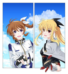  2girls 304back_s :d arm_guards black_gloves blonde_hair blue_sky border brown_hair cape clouds collared_cape commentary cropped_torso fate_testarossa fingerless_gloves floating_cape floating_hair from_side gloves hair_between_eyes high_collar high_side_ponytail highres long_sidelocks long_sleeves looking_at_viewer lyrical_nanoha mahou_shoujo_lyrical_nanoha_exceeds:_gun_blaze_vengeance multicolored_gloves multiple_girls offering_hand open_hand open_mouth outside_border outstretched_arm ponytail red_eyes short_sleeves side_ponytail sidelocks sky smile takamachi_nanoha turning_head two-tone_gloves upper_body violet_eyes white_border white_cape wispy_bangs 