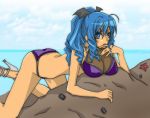  all_fours bad_id bikini blue_eyes blue_hair breasts cleavage cloud drill_hair high_heels large_breasts long_hair midriff outdoors ponytail see-through shoes sky solo sunfl swimsuit umi_monogatari warin water 