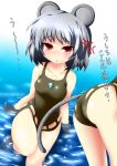  animal_ears ass blush casual_one-piece_swimsuit grey_hair inyu inyucchi mouse_ears mouse_tail nazrin one-piece_swimsuit red_eyes short_hair swimsuit tail touhou trefoil wading water 
