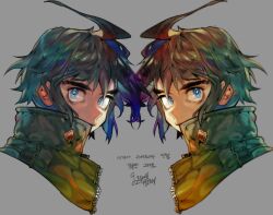  1boy ahoge black_hair blue_eyes collared_jacket cropped_shoulders curly_hair gundam gundam_tekketsu_no_orphans head_mirror jacket looking_at_viewer looking_back male_focus mikazuki_augus pigeon666 sanpaku short_hair zipper 