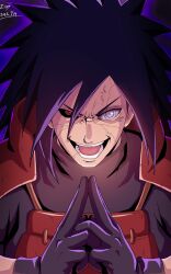  1boy 2026 armor artist_name black_bodysuit black_gloves black_hair black_sclera bodysuit colored_sclera commentary cracked_skin dated edo_tensei evil_smile gloves glowing highres japanese_armor kuji-in long_hair looking_at_viewer naruto_(series) naruto_shippuuden open_mouth outline purple_outline rinnegan sharingan smile solo spiky_hair teeth uchiha_madara upper_body v-shaped_eyebrows veins zipy-zip-zip06 