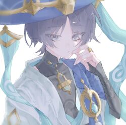  1boy anemo_symbol_(genshin_impact) artist_name black_tank_top blue_cape blue_gem blue_hat blunt_ends bridal_gauntlets cape closed_mouth commentary covered_collarbone expressionless eyelashes eyes_visible_through_hair eyeshadow gem genshin_impact gold_necklace gold_ring hand_on_own_face hand_up hat highres iepseezy jewelry jingasa looking_at_viewer makeup male_focus mandarin_collar necklace open_clothes open_shirt parted_bangs pom_pom_(clothes) purple_hair red_eyeshadow scaramouche_(genshin_impact) shirt short_hair short_sleeves simple_background solo tank_top upper_body violet_eyes vision_(genshin_impact) wanderer_(genshin_impact) white_background white_shirt 