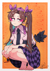  1girl barefoot blush_stickers brown_eyes brown_hair carte feathered_wings highres himekaidou_hatate holding holding_phone orange_background phone pointy_ears signature solo sparkle squatting star_(symbol) sweat touhou twintails wavy_mouth wings 