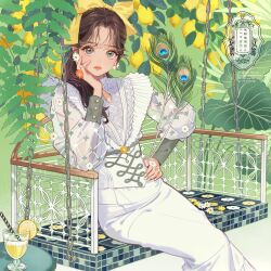  1girl aqua_eyes bow brown_hair closed_mouth commentary daisy_(flower) feathers flower food fruit hair_bow hand_on_own_cheek hand_on_own_face hand_on_own_hip highres holding holding_feather lemon lemon_tree long_hair long_sleeves looking_at_viewer matsuo_hiromi original peacock_feathers puffy_long_sleeves puffy_sleeves see-through_clothes see-through_sleeves shirt sitting skirt solo watermark white_flower white_shirt white_skirt yellow_bow 