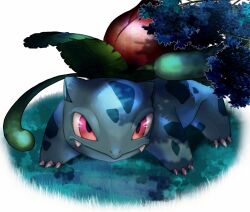  claws closed_mouth commentary_request fangs fangs_out grass highres hihihi_(akira1204_kirby) ivysaur no_humans pink_eyes pokemon pokemon_(creature) pokemon_focus solo standing 