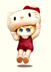  1girl animal_costume blonde_hair blue_eyes bow brown_shoes cat_costume closed_mouth commentary_request eyelashes full_body gloves hair_bow hair_ornament hairclip hello_kitty hello_kitty_(character) jun_(navigavi) looking_at_viewer medium_hair original overalls red_bow red_overalls sanrio shadow shoes simple_background solo sweater white_background white_gloves white_sweater 