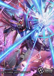  aqua_eyes commentary_request copyright_logo copyright_name copyright_notice destiny_gundam energy_beam energy_wings explosion eye_trail glowing glowing_eyes glowing_hand gundam gundam_card_game gundam_seed gundam_seed_destiny hokuyuu holding holding_sword holding_weapon light_trail logo mecha mecha_focus mechanical_wings mobile_suit no_humans official_art reaching reaching_towards_viewer red_wings robot science_fiction solo sword thrusters v-fin weapon wings 