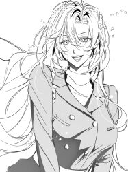  1girl 77_orangeboy commentary_request greyscale hagiwara_chihaya highres long_hair looking_at_viewer meitantei_conan monochrome open_mouth police police_uniform policewoman solo turtleneck upper_body 