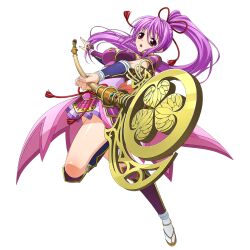  1girl :o armor armored_dress breasts brown_sandals chinese_knot dress game_asset high_ponytail holding holding_staff ikkitousen ikkitousen_extra_burst japanese_armor knee_up kote large_breasts long_hair looking_at_viewer non-web_source official_art open_mouth outstretched_arm pink_skirt ponytail purple_armor purple_hair sandals self-datamine sengoku_otome showgirl_skirt sidelocks simple_background skirt socks solo staff standing standing_on_one_leg suneate tabi tokugawa_ieyasu_(sengoku_otome) transparent_background variant_set violet_eyes white_socks 