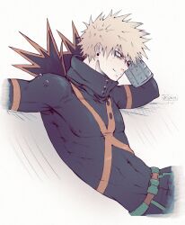  1boy bakugou_katsuki blonde_hair boku_no_hero_academia closed_mouth covered_nipples cropped_legs earrings highres jewelry makeup male_focus nipples runny_makeup saucybrtt short_hair simple_background sitting solo spiky_hair superhero_costume teeth upper_body white_background 