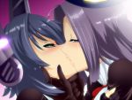  2girls blush eyepatch fingerless_gloves gloves headgear hyudora kantai_collection kiss lips mechanical_halo multiple_girls personification purple_hair saliva short_hair tatsuta_(kantai_collection) tenryuu_(kantai_collection) violet_eyes yellow_eyes yuri 