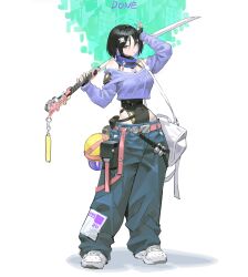  1girl absurdres arm_up arowana2111 bag baggy_pants belt black_hair blue_pants charm_(object) colored_inner_hair crop_top fingerless_gloves full_body gloves hair_ornament helmet highres katana leotard leotard_under_clothes looking_at_viewer multicolored_hair off_shoulder original pants pink_belt shoes short_hair shoulder_bag solo standing strap sword unworn_headwear unworn_helmet weapon white_shoes 