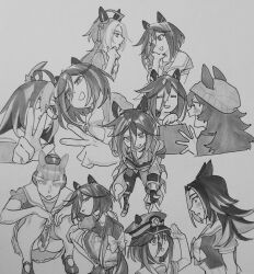  6+girls ahoge animal_ears beanie blush boots bow closed_eyes coat commentary commission dream_journey_(umamusume) ear_covers ears_through_headwear english_commentary feather_hair_ornament feathers fenomeno_(umamusume) fingerless_gloves flipped_hair gift gloves goggles gold_ship_(umamusume) greyscale grin hair_between_eyes hair_ornament hair_over_one_eye hat head_on_hand highres holding holding_gift horse_ears horse_girl horse_tail horseshoe_hat_ornament horseshoe_ornament imitating lace-up_boots long_hair looking_at_viewer monochrome multicolored_hair multiple_girls multiple_views nakayama_festa_(umamusume) open_clothes open_coat open_collar open_mouth orfevre_(umamusume) pants parted_lips peaked_cap pillbox_hat pleated_skirt puffy_short_sleeves puffy_sleeves salute samipeko school_uniform semi-rimless_eyewear shirt shoes short_sleeves simple_background skirt smile squatting stay_gold_(sunlit_outsider)_(umamusume) stay_gold_(umamusume) streaked_hair summer_uniform tail tail_bow tail_ornament tassel tassel_hair_ornament thigh-highs torn_clothes torn_coat torn_pants tracen_school_uniform traditional_media umamusume under-rim_eyewear untucked_shirt v v-shaped_eyebrows w white_background 