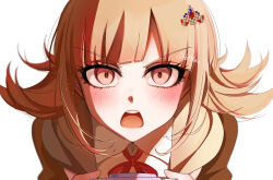  1girl :o artist_name bb_14ha blush brown_hair brown_jacket danganronpa_(series) danganronpa_3_(anime) flipped_hair hair_ornament handheld_game_console highres holding holding_handheld_game_console hope's_peak_academy_school_uniform jacket long_hair long_sleeves nanami_chiaki neck_ribbon pink_eyes ribbon school_uniform shirt simple_background solo teeth upper_teeth_only 