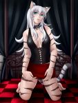  aqua_eyes bad_id bed checkered highres kneeling long_hair nokoppa original shorts solo tail tiger_ears tiger_tail white_hair 