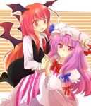  bat_wings black_thighhighs blush capelet collar crescent crescent_moon dress formal hair_ornament hair_ribbon hat head_wings heart koakuma long_hair moon multiple_girls necktie open_mouth patchouli_knowledge purple_hair red_eyes red_hair ribbon shirt shoes simple_background skirt thighhighs touhou vest violet_eyes waistcoat wings zawameki 