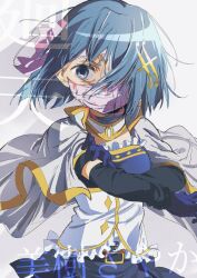  1girl bandage_on_face bandage_over_one_eye bandaged_head bandages blue_eyes blue_gloves blue_hair cape character_name collared_cape commentary_request copyright_name daisx_(dais0115) empty_eyes fortissimo gloves hair_ornament highres long_sleeves magical_girl mahou_shoujo_madoka_magica mahou_shoujo_madoka_magica:_walpurgis_no_kaiten miki_sayaka miki_sayaka_(magical_girl) musical_note musical_note_hair_ornament short_hair sidelighting simple_background solo soul_gem_(madoka_magica) stomach_jewel white_background white_cape 