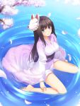  bare_legs barefoot blue_eyes brown_hair cherry_blossoms face feet fox_mask from_above hands japanese_clothes kimono kitsune_mask legs looking_at_viewer looking_up mask original partially_submerged petals ripples sitting solo toes wariza water yanagi_(tsukiakari) 