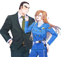  1boy 1girl 77_orangeboy absurdres buzz_cut commentary_request green_necktie hagiwara_chihaya hair_between_eyes hand_in_pocket hand_on_own_hip highres long_hair meitantei_conan musical_note necktie police police_uniform policewoman short_hair smile suit thick_eyebrows turtleneck very_short_hair yokomizo_jugo 