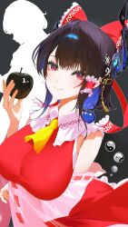  1girl absurdres arm_under_breasts ascot asymmetrical_horns bad_apple!! black_apple black_hair black_horns blue_hair bow breasts closed_mouth colored_inner_hair commentary contrast_collar cosplay detached_sleeves dress english_commentary flower frilled_dress frills hair_bow hakurei_reimu hakurei_reimu_(cosplay) hand_up highres hololive hololive_english horn_flower horns jailbird_(nerissa_ravencroft) large_breasts looking_at_viewer mole mole_under_eye multicolored_hair nerissa_ravencroft red_bow red_dress short_hair smile solo thekaiyip touhou uneven_horns violet_eyes virtual_youtuber white_sleeves yellow_ascot 
