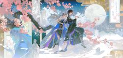  1boy 1girl back-to-back black_hair character_request cherry_blossoms chinese_clothes commission copyright_request flute full_moon highres instrument long_hair moon mountain noland red_eyes short_hair sitting_on_branch socks sword tagme tower weapon white_hair white_socks wide_sleeves 
