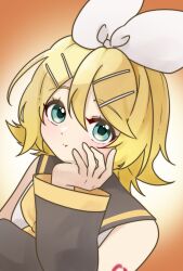  1girl :t aqua_eyes black_sailor_collar black_sleeves blonde_hair bow detached_sleeves eshe_mr hair_bow hair_ornament hairclip hand_on_own_chin highres kagamine_rin looking_at_viewer neckerchief number_tattoo parallel_hairclips sailor_collar shirt short_hair sleeveless sleeveless_shirt tattoo vocaloid white_bow white_shirt yellow_neckerchief yellow_trim 