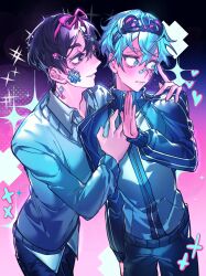  2boys alien_stage aqua_eyes bandaid bandaid_on_face bandaid_on_nose black_eyes black_hair black_mask blue_jacket blue_sweater collared_shirt commentary flower_in_eye gauze gauze_on_cheek grey_hair hand_on_another's_shoulder heart highres ivan_(alien_stage) jacket lilbpeach long_sleeves male_focus mask mask_on_head multiple_boys official_alternate_costume pink_ribbon ribbon shirt short_hair sparkle sweater symbol_in_eye thick_eyebrows till_(alien_stage) untranslatable_commentary very_short_hair 